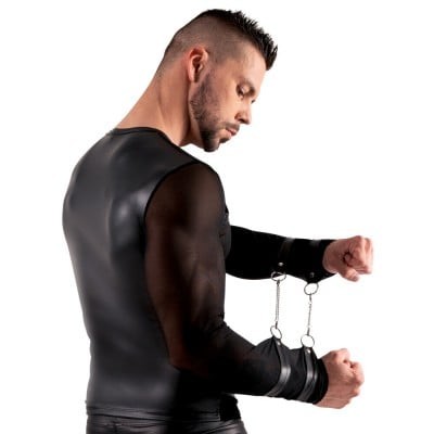 Еротичний чоловічий лонгслів напівпрозорий, з портупеєю і наручниками, чорний, розмір S