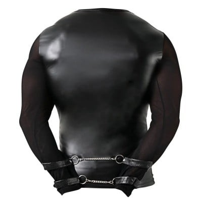 Еротичний чоловічий лонгслів напівпрозорий, з портупеєю і наручниками, чорний, розмір S